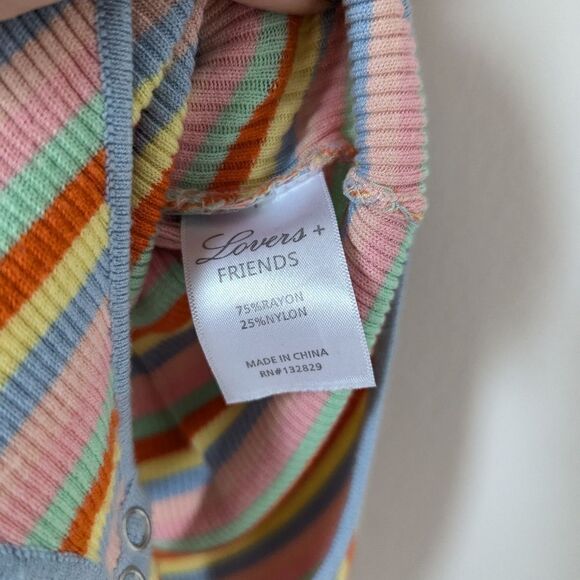Lovers + Friends pink yellow red retro stripe crossover wrap rib Gina bodysuit - Picture 5 of 7